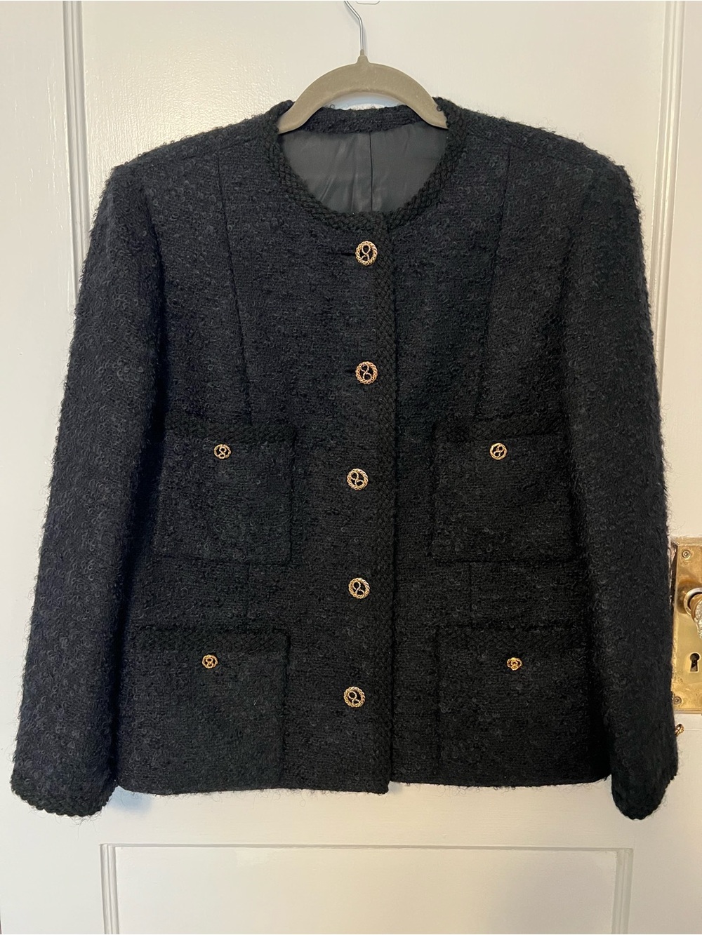 Black Bouclé Jacket Gold Chain Buttons Collarless Lady Jacket - Picture 3 of 8
